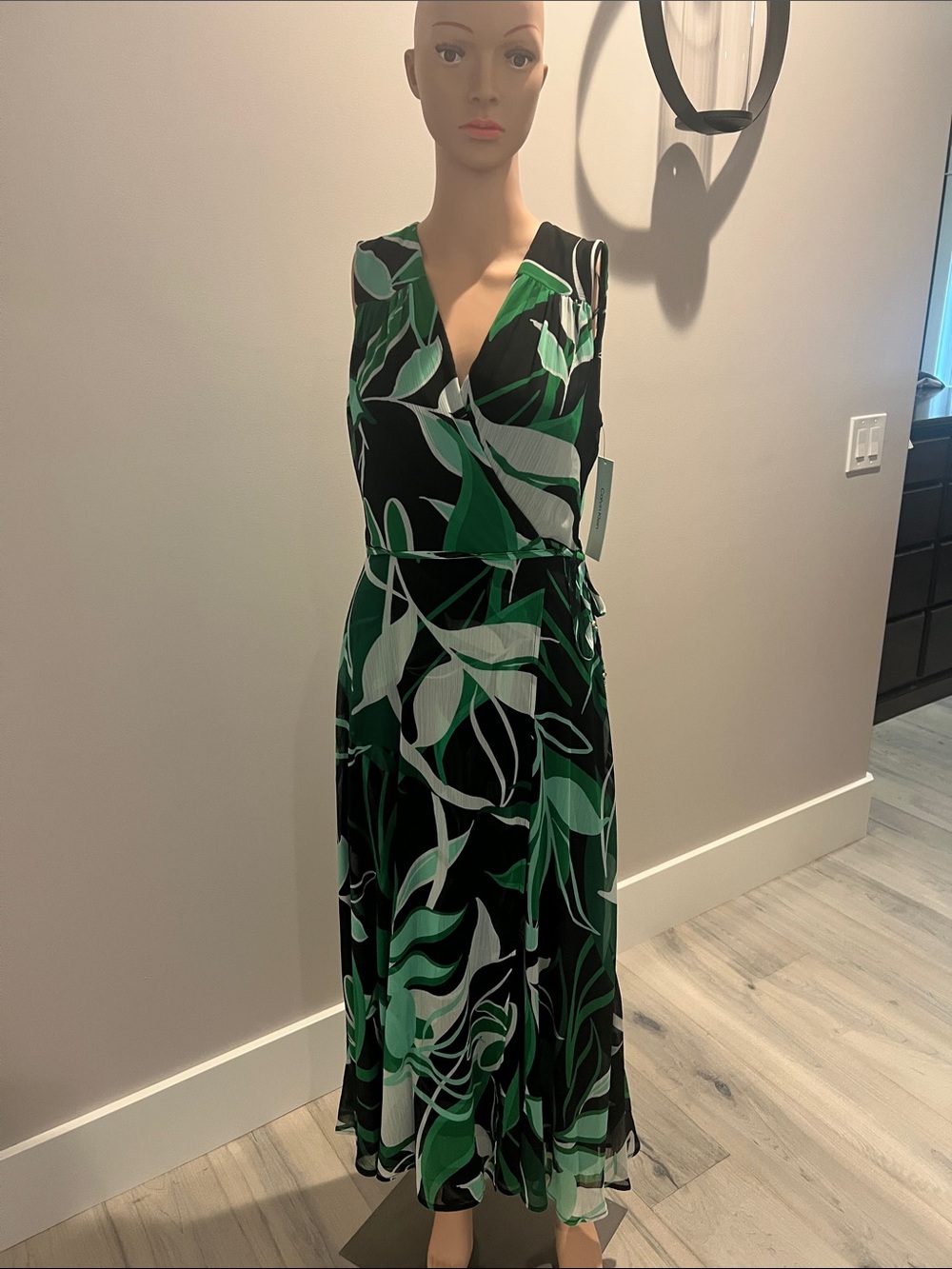 Calvin Klein Black Green Leaf-Print Midi Wrap Dress